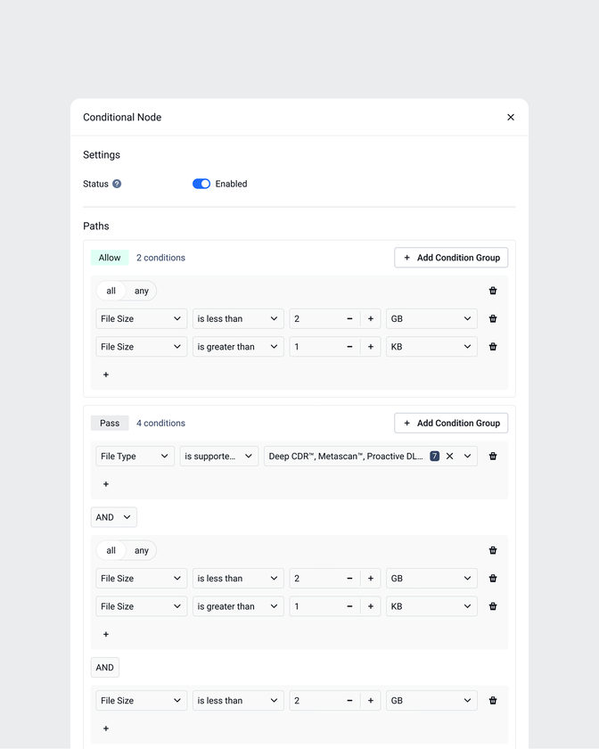 A conditional node open in its side panel: allow and pass paths built from file-size and file-type conditions