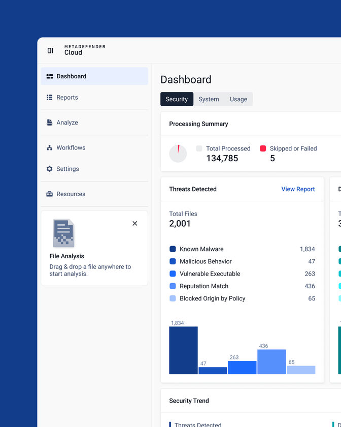The dashboard up close: processing summary above threats detected, broken down by type