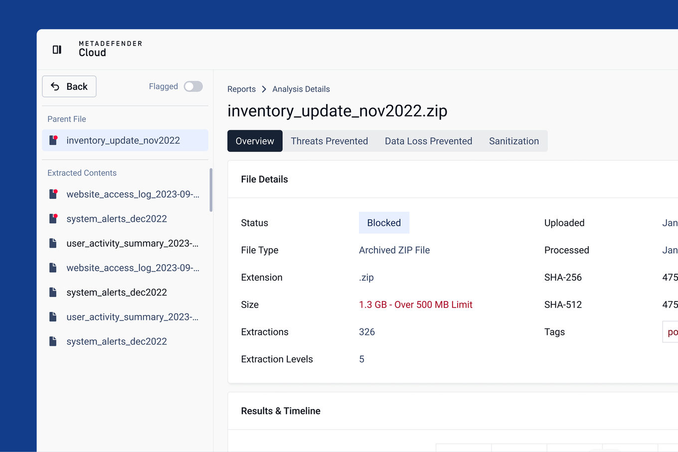 Analysis details — Overview: parent file, extracted contents, file details and a processing timeline