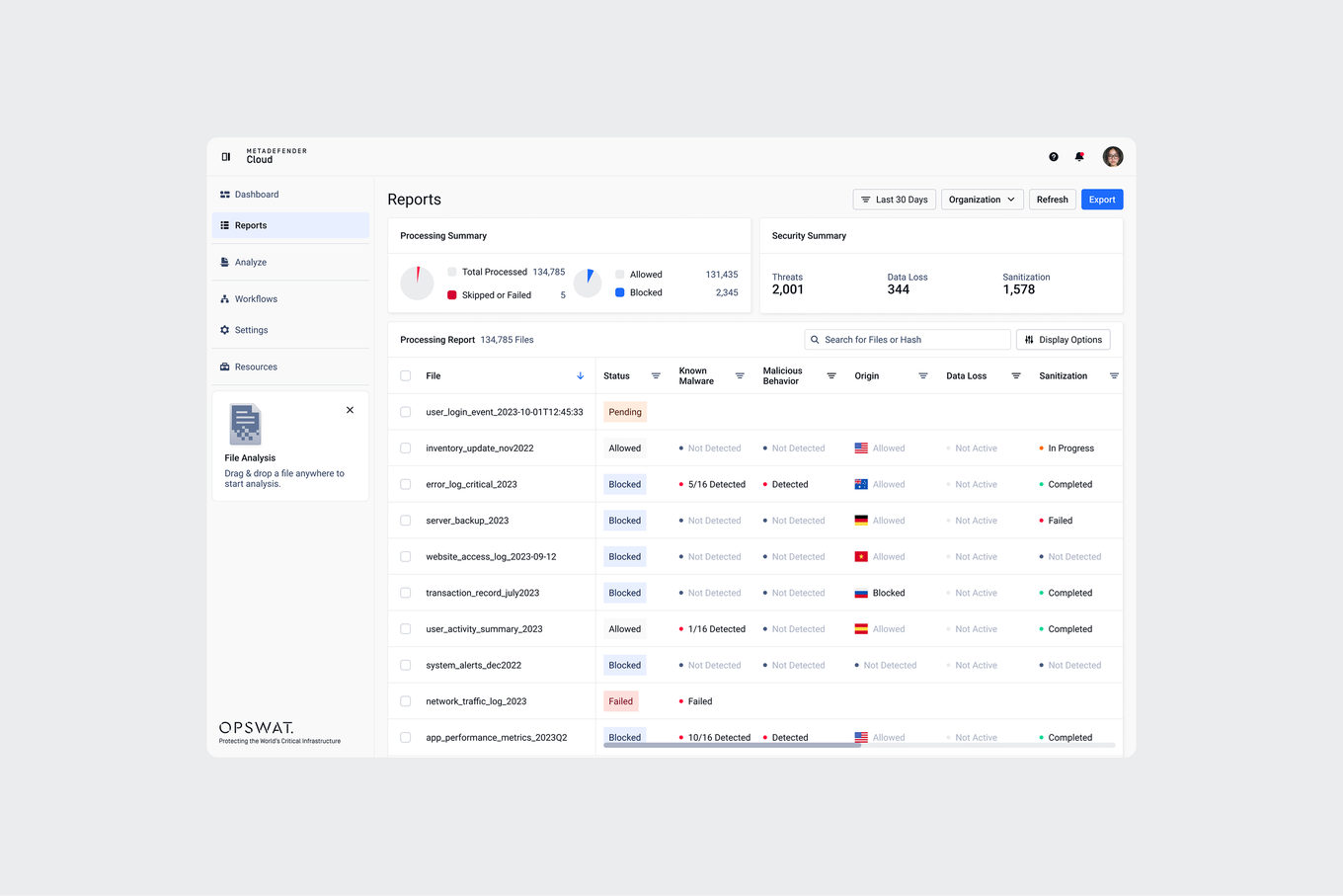 Reports — processing and security summaries above the full file list, with per-file status, detections and origin