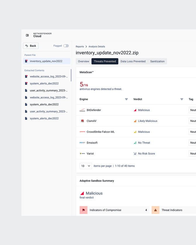 Analysis details — Threats Prevented: which anti-malware engines flagged the file, and the sandbox verdict