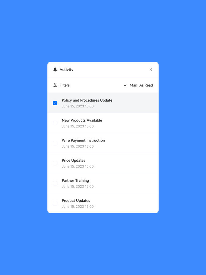 Activity panel — policy, pricing, training and product updates, with mark as read