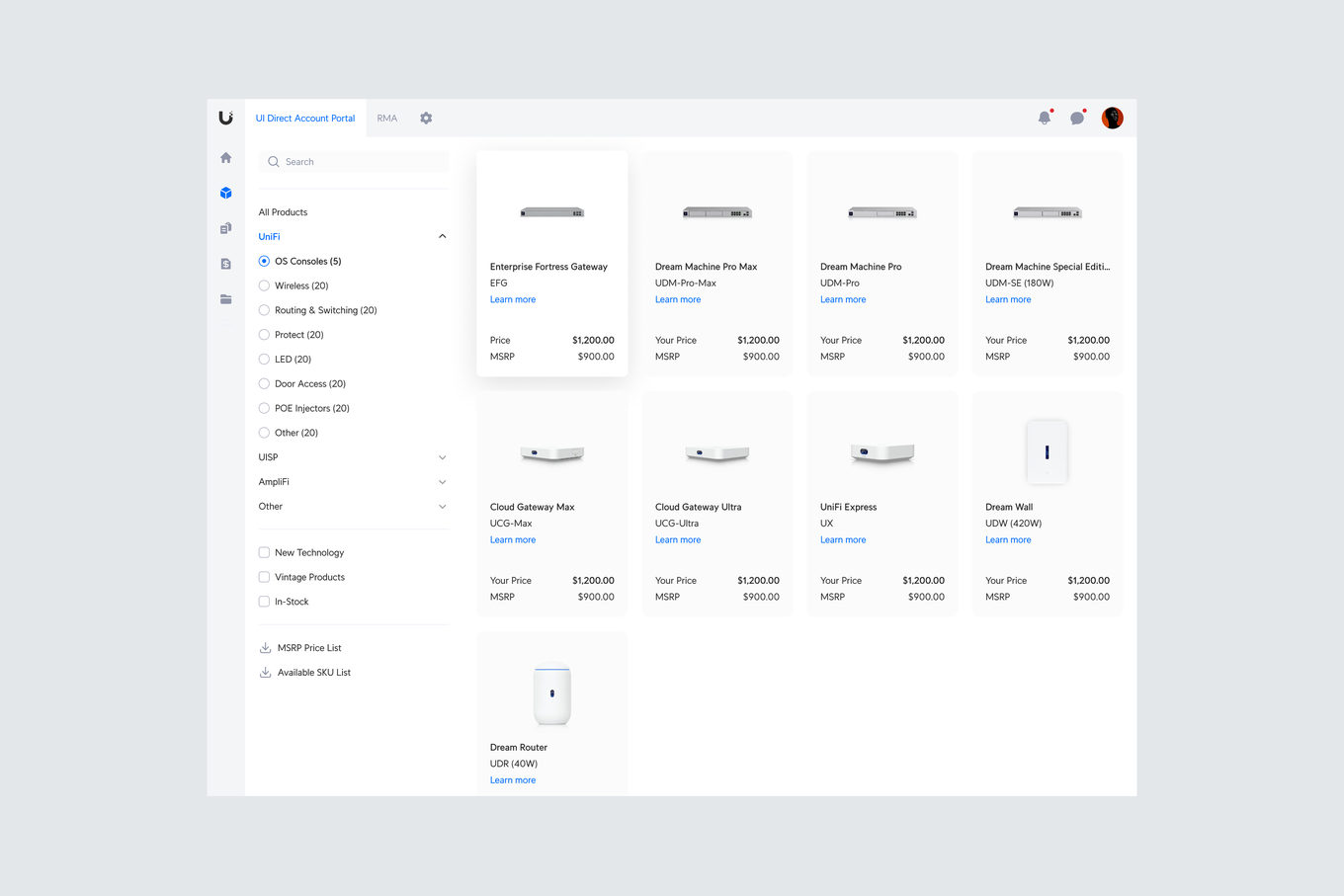 Product catalogue — UniFi OS consoles filtered by category, each with your price and MSRP