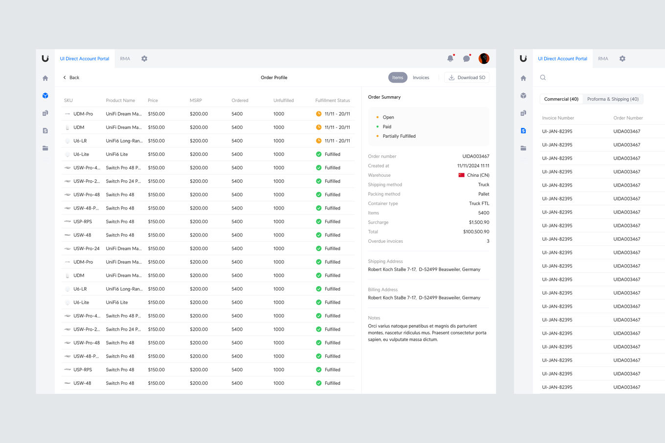 Order profile — line items and fulfilment status beside the order summary, next to the invoices list