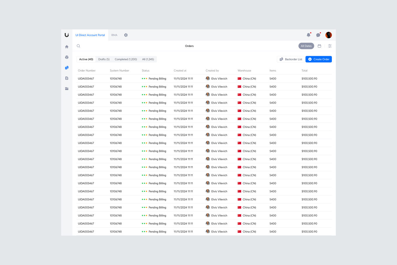 Orders — active, drafts and completed, with billing status, warehouse, items and totals