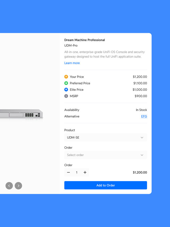 Product quick view — your, preferred, elite and MSRP pricing, availability and add to order