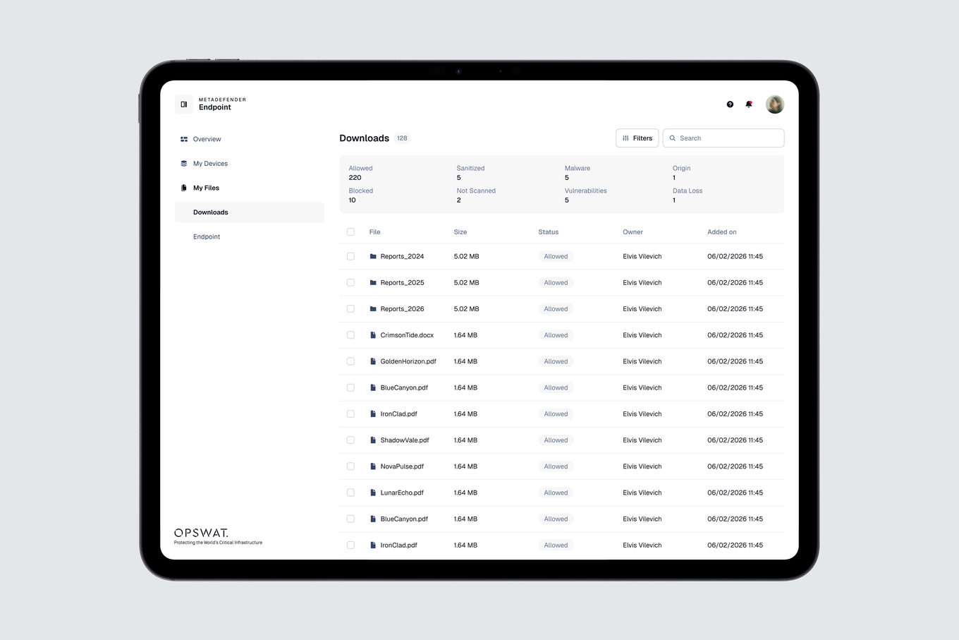 My Files — downloads with allowed, blocked, sanitized and not-scanned counts, and a verdict on every file