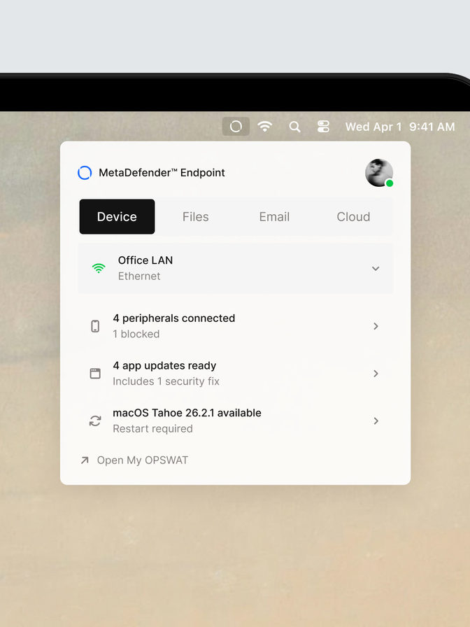 Menu-bar widget — device, files, email and cloud, with peripherals, app updates and an OS update in one glance
