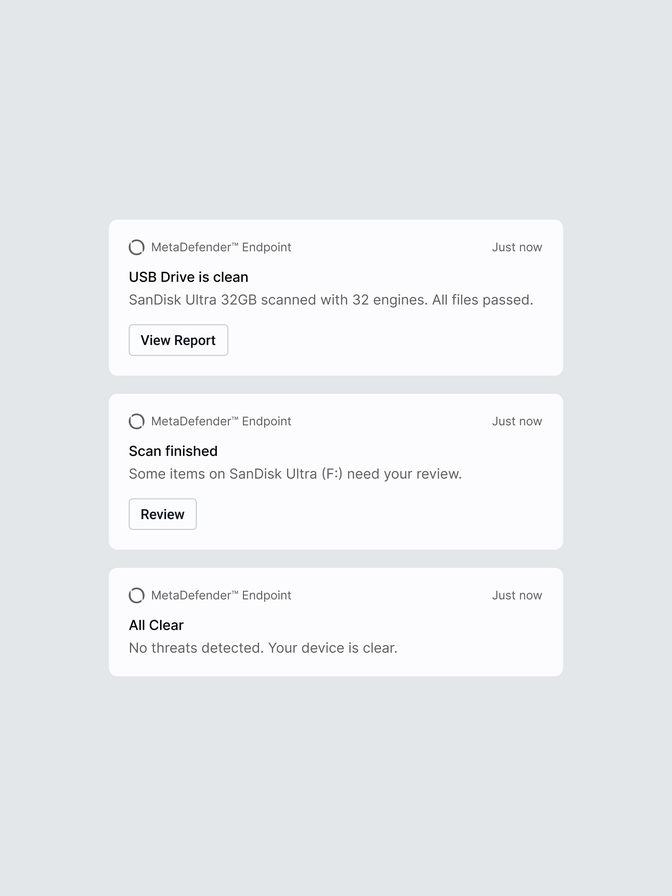 Three notifications: the drive is clean, the scan needs review, and all clear