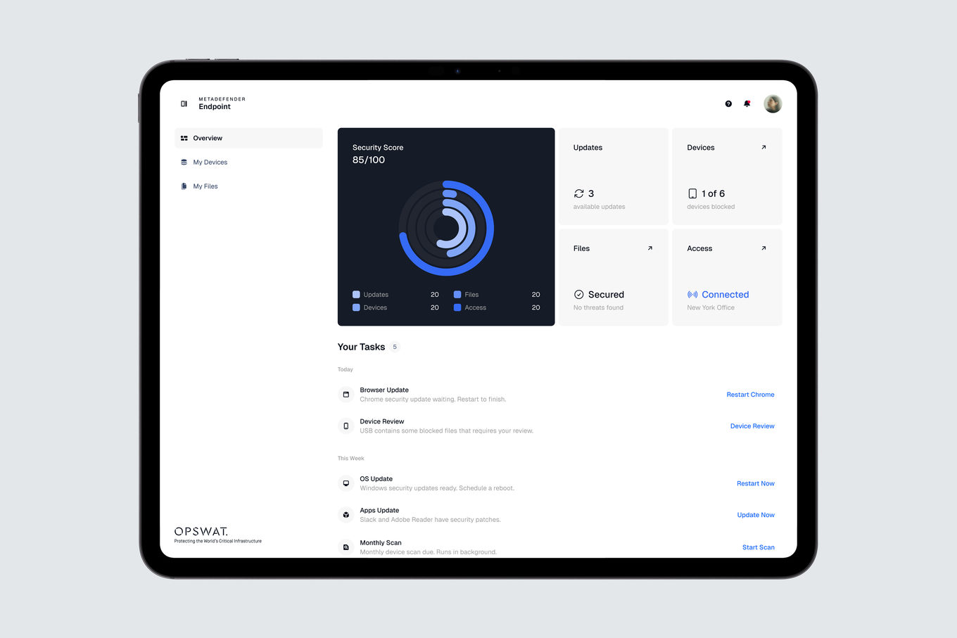 Overview — a single security score, four status cards and the tasks waiting for you today and this week