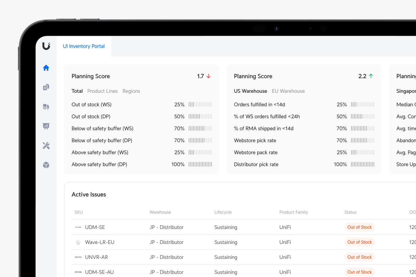 Inventory Portal on a tablet — planning scores by total, warehouse and region, above active stock issues