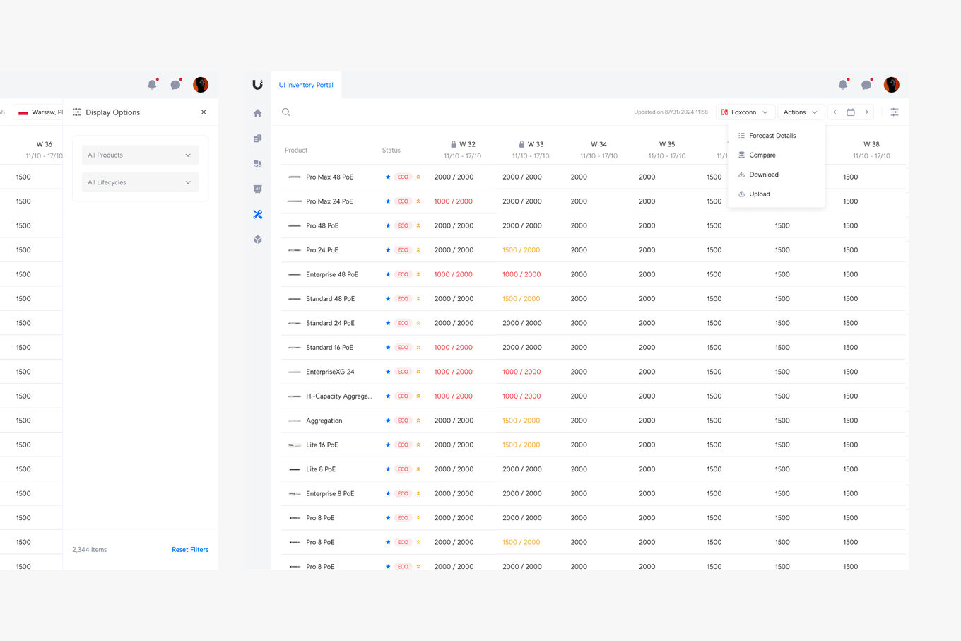 The forecast with display options and the actions menu — compare, download and upload