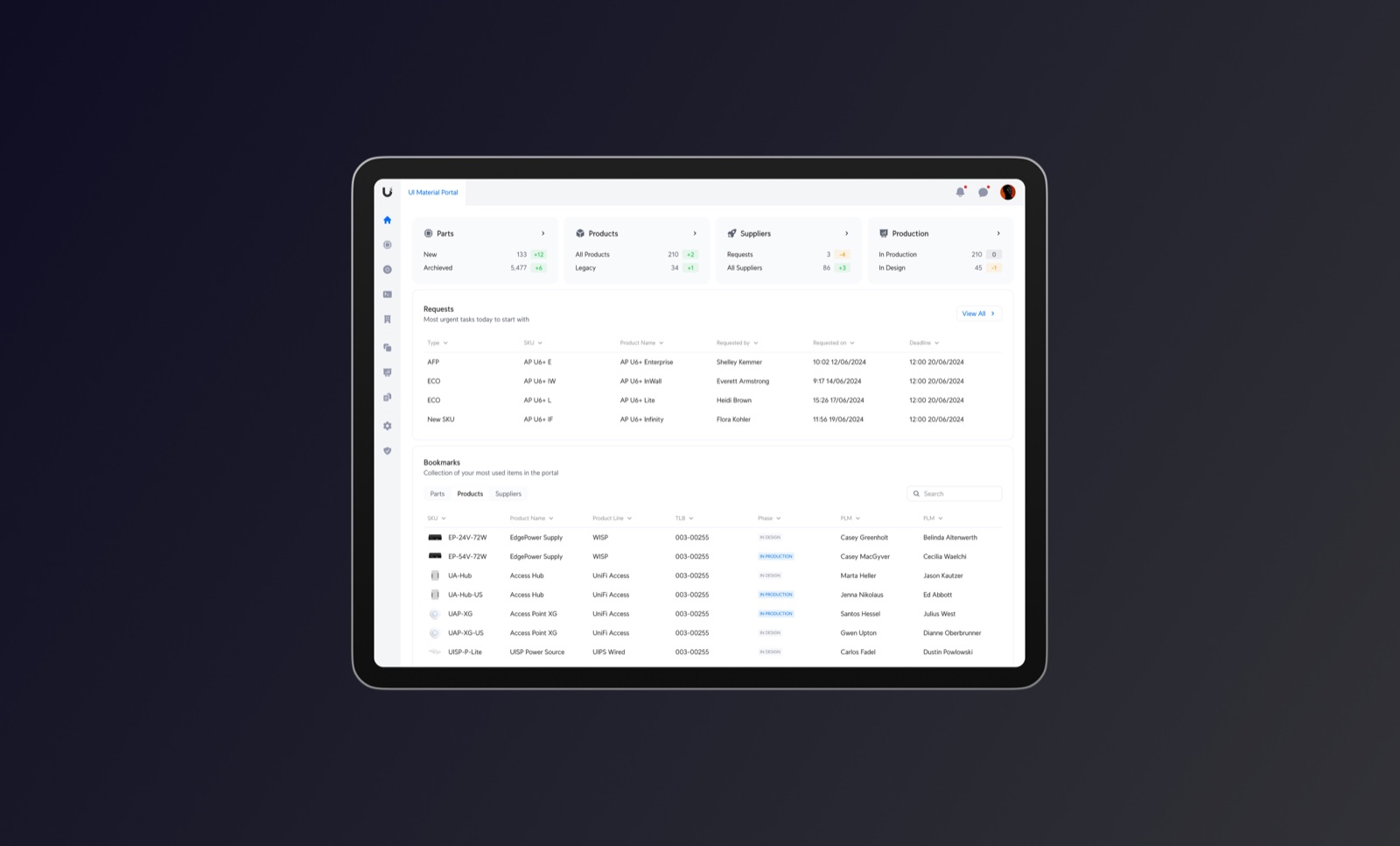 UI Material Portal — products catalog