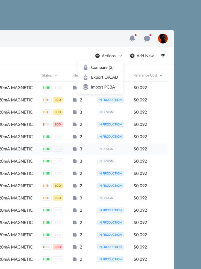 Parts catalogue with the actions menu — compare, export OrCAD and import PCBA