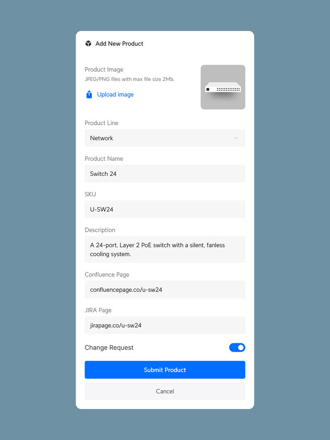 Add New Product form — image, product line, SKU, description, Confluence and Jira links