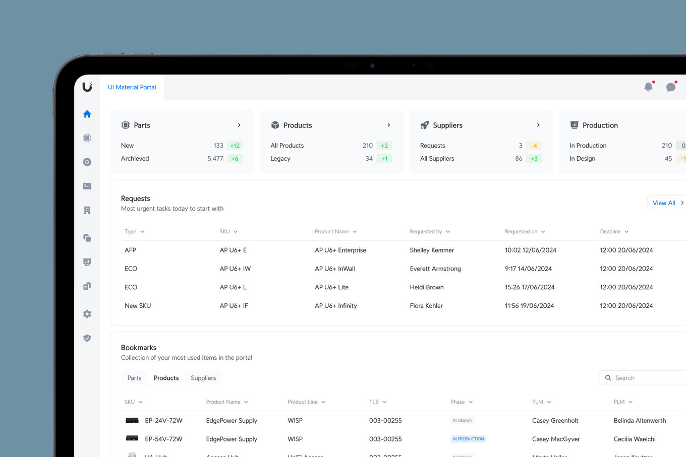 Material Portal home on a tablet — parts, products, suppliers and production at a glance, with today’s requests