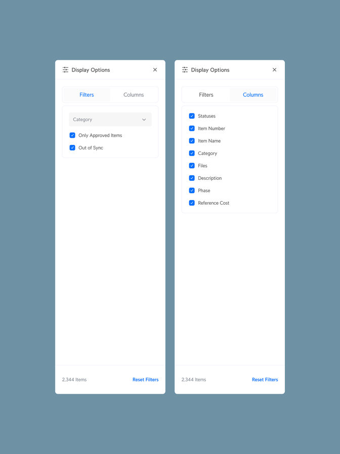 Display options panel — filters and column visibility for the catalogue