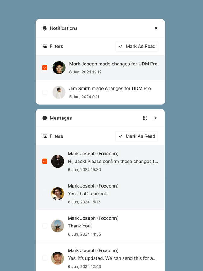 Notifications and messages panels with filters and mark-as-read