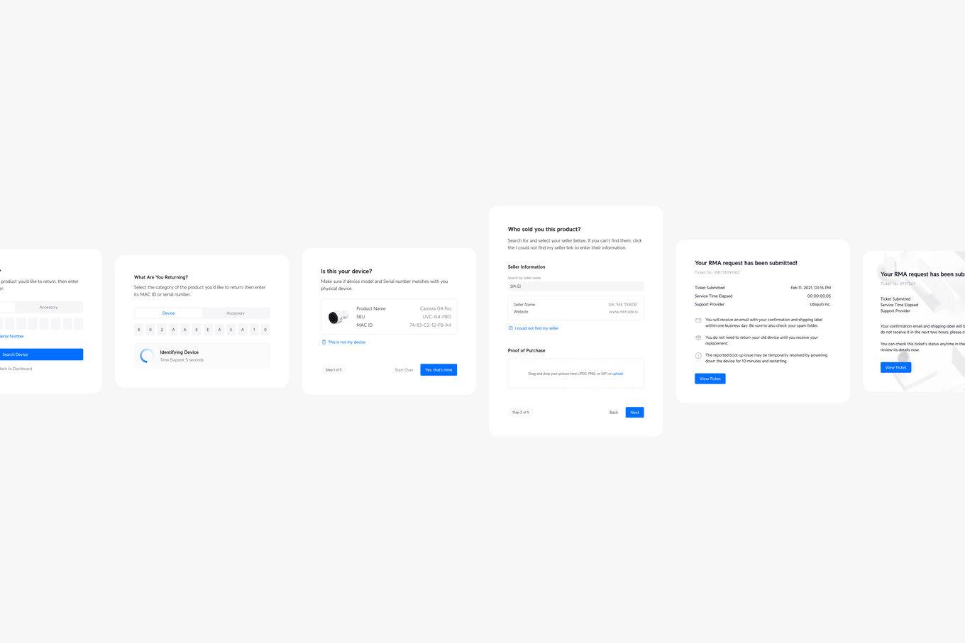 The five-step return flow, card by card: identify, confirm, seller and proof of purchase, then submitted