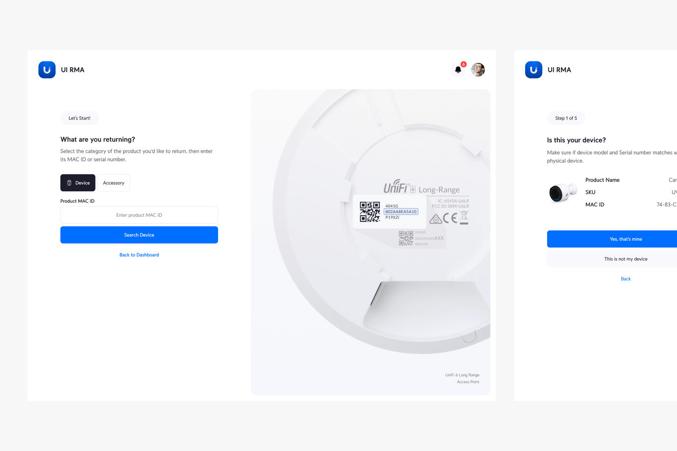 Starting a return — choose device or accessory, enter the MAC ID from the label, then confirm the device