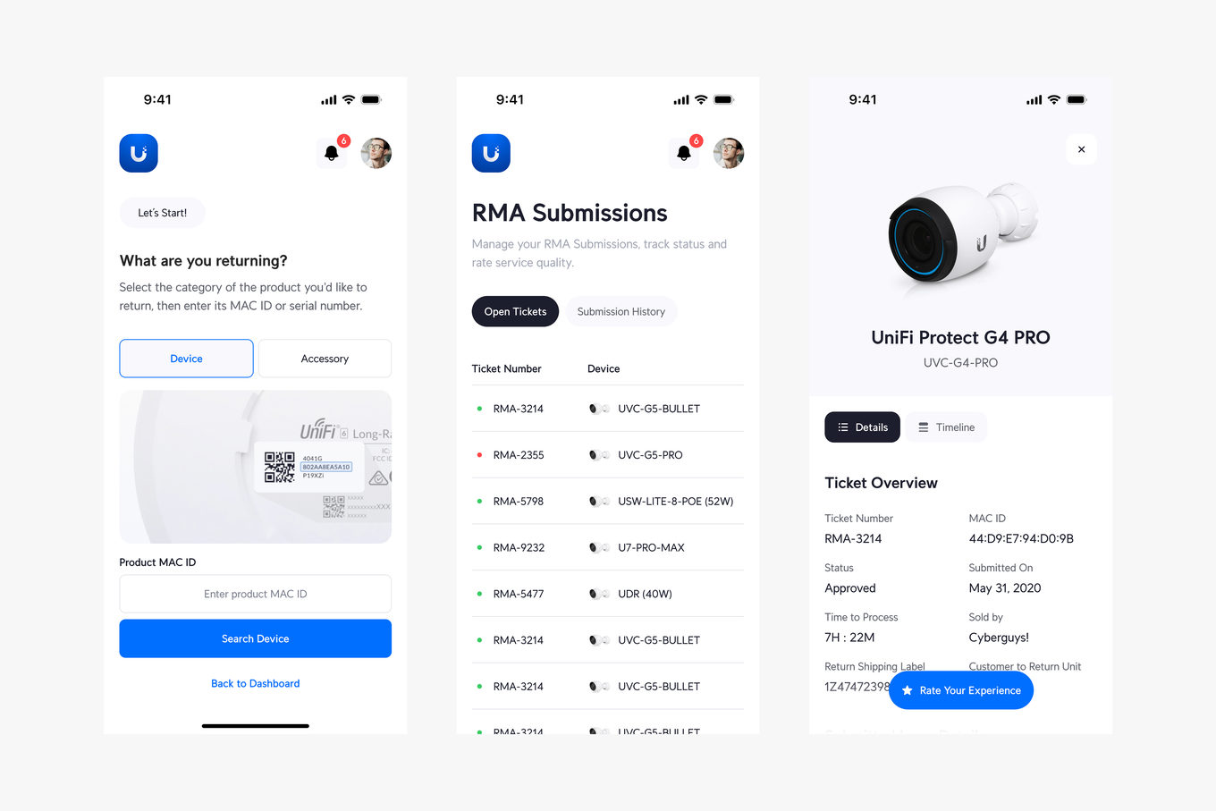 RMA on mobile — starting a return, the submissions list and a ticket overview