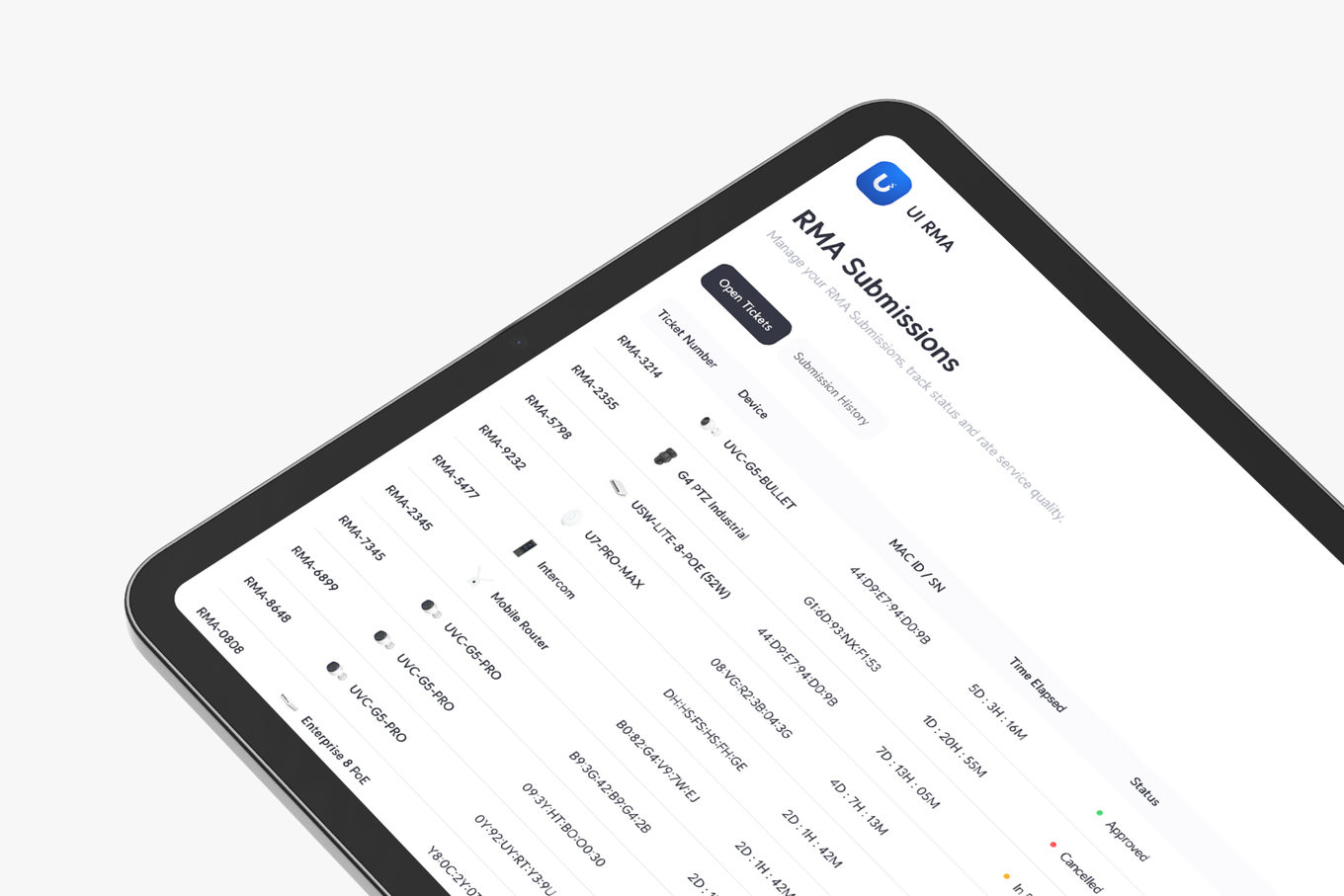 RMA Submissions on a tablet — ticket number, device, MAC ID, time elapsed and status