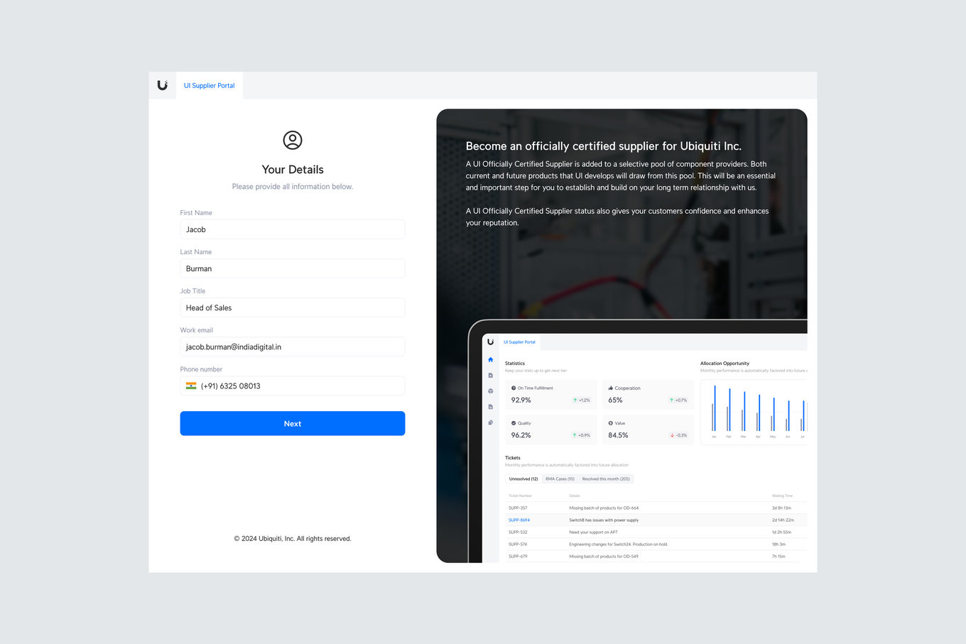 Supplier sign-up — your details beside “Become an officially certified supplier for Ubiquiti Inc.”
