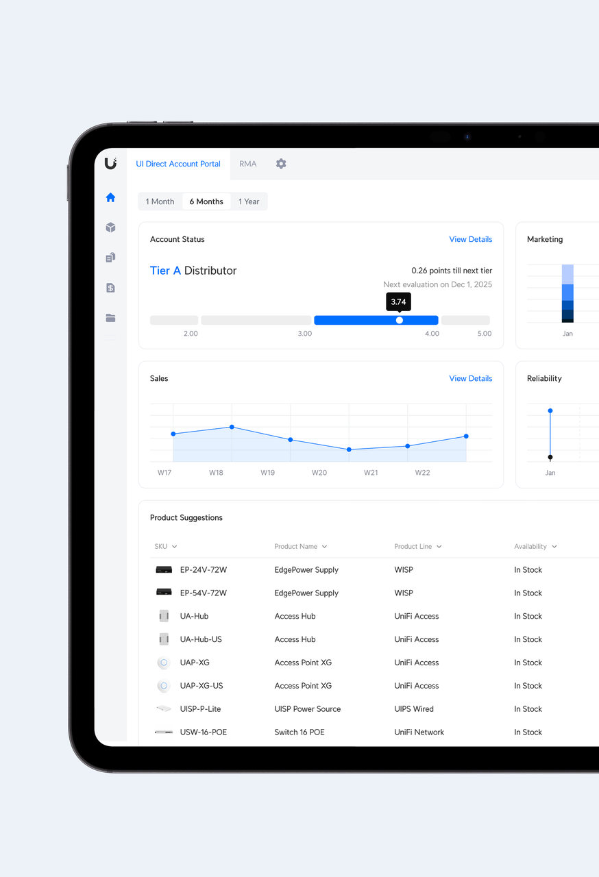 Ubiquiti Direct Account Portal dashboard on a tablet