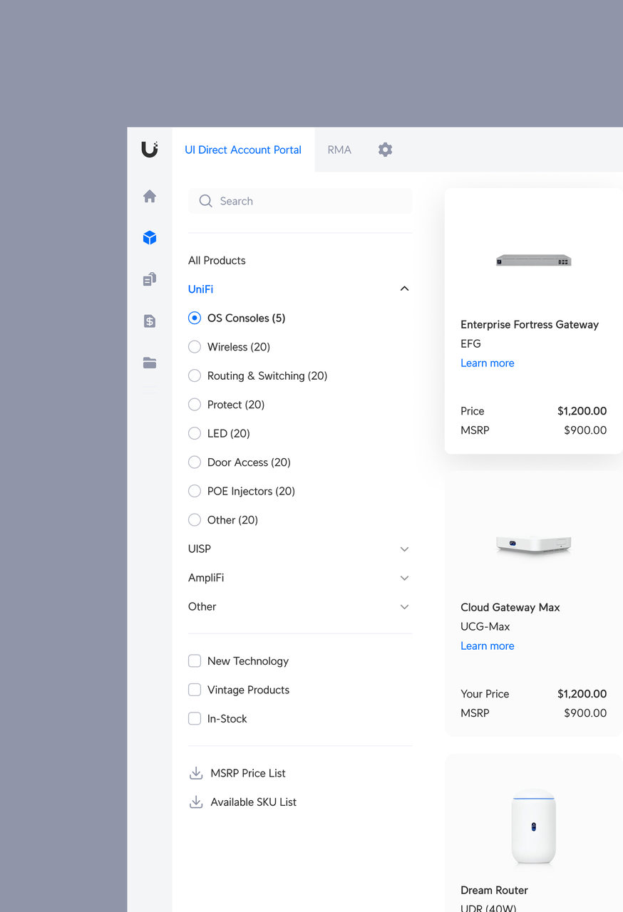 Direct Account Portal product catalogue