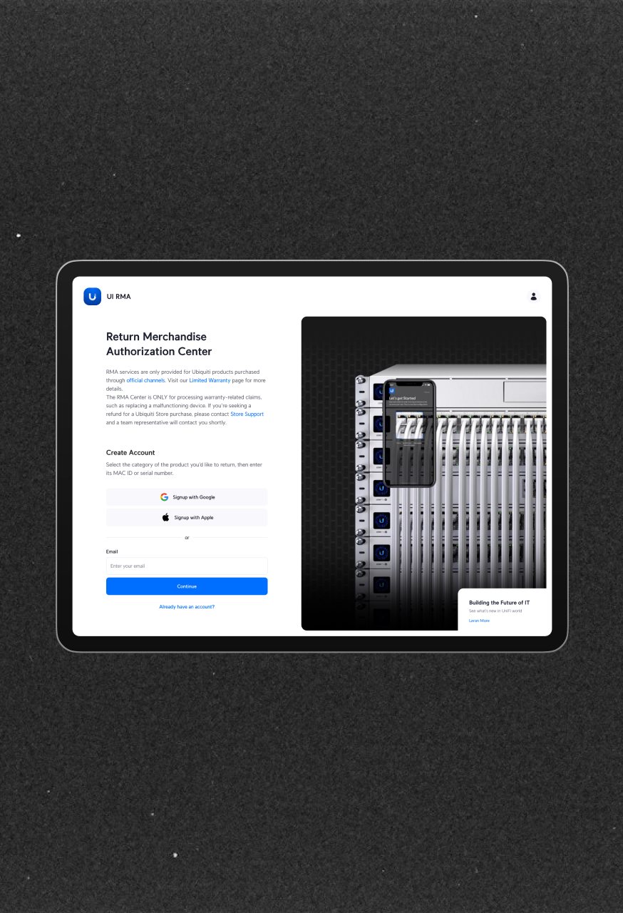 Ubiquiti RMA sign-in on an iPad