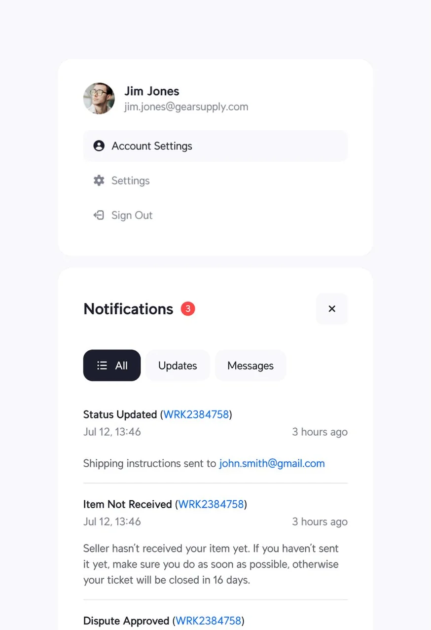 RMA account and notifications